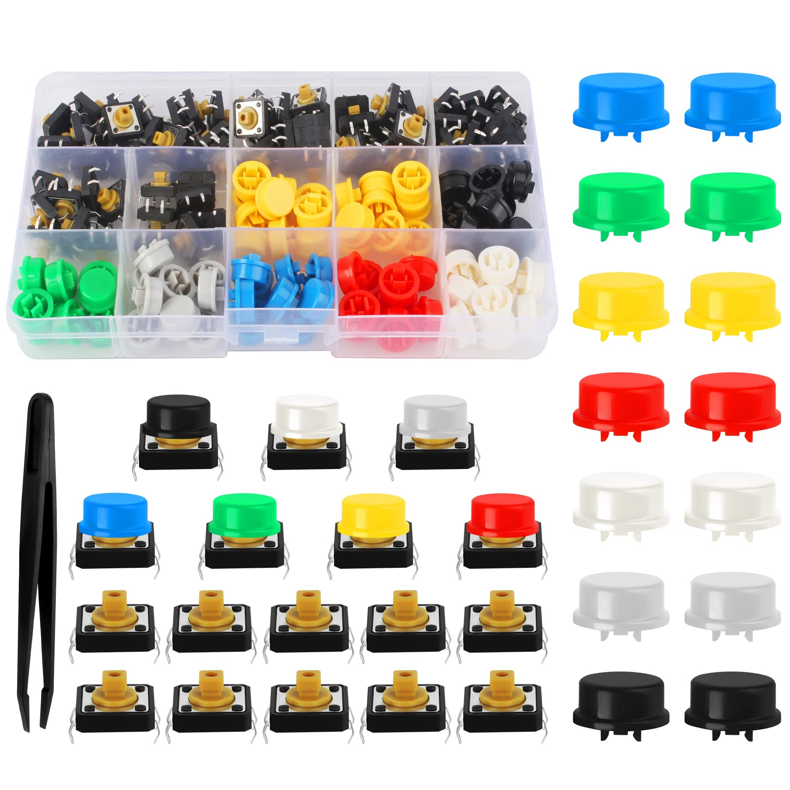 75Pcs Tactile Button Switch, 12x12x7.3mm Momentary Tactile Push Button Switch, Micro Tactile Push Button Touch Switch, Micro Momentary Tact Assortment Kit with 75Pcs Caps and 1Pcs Tweezer for Arduino