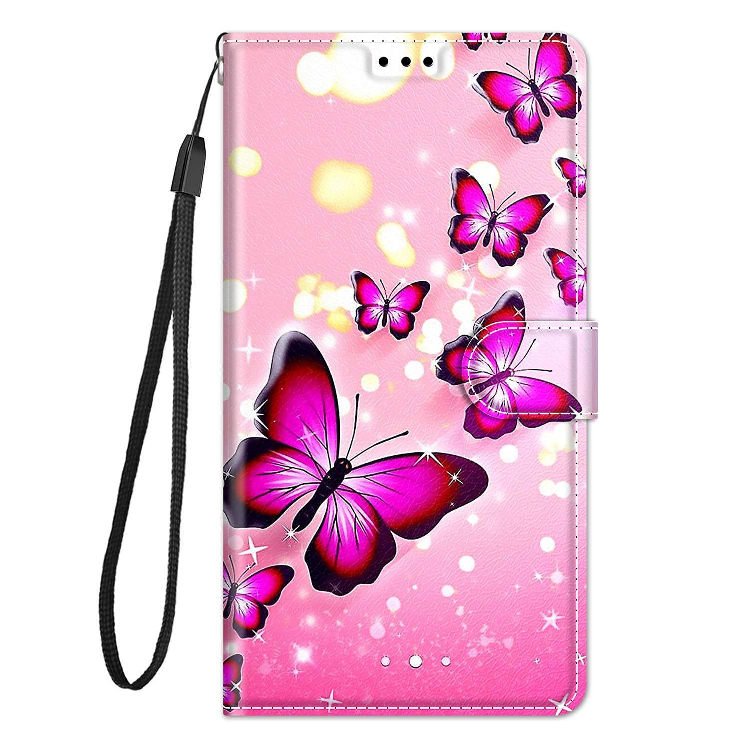 Guxira Wallet Case for iPhone 13 - Silicone Leather Protective Flip Case With Lanyard, Card Slots, Magnetic Closure - Cute Shockproof Pink Butterfly Cover — image 1