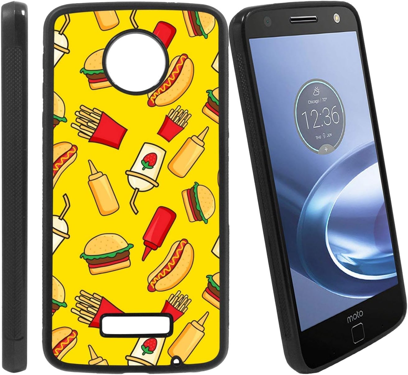 [Pattern of Funny cartoonish Fast Food Dishes on Yellow Background] Compatible with Motorola Z Play/Z Play Droid/Moto Z Force, Non-Slip Soft Rubber Side & Hard Back Case Cover Shell Skin