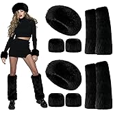 Cutecrop 6 Piece Faux Fur Headband Set Ear Warmer Headwrap Furry Wrist Cuff Faux Fur Leg Warmer Winter Accessories for Women(Black)