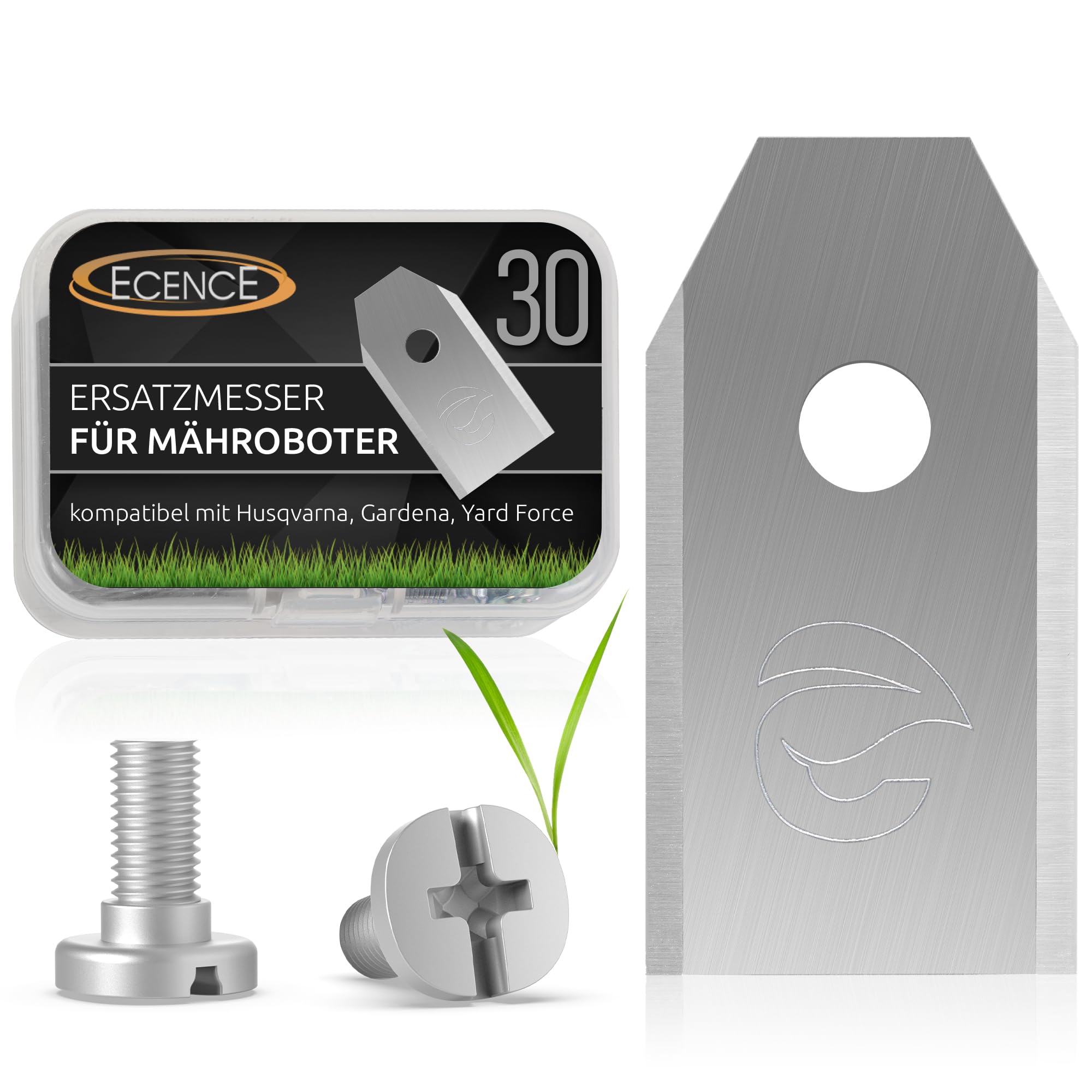 ECENCE 30 Replacement Blades Robotic Lawnmower Stainless Steel Compatible with Husqvarna, Gardena, McCulloch ROB, Flymo, Yardforce, Includes Screws