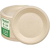 Vplus 125 Pack 6 inch Paper Plates 100% Compostable, Heavy-Duty Disposable Paper Plates Bagasse Natural Biodegradable Eco-Friendly Sugarcane(Nature)