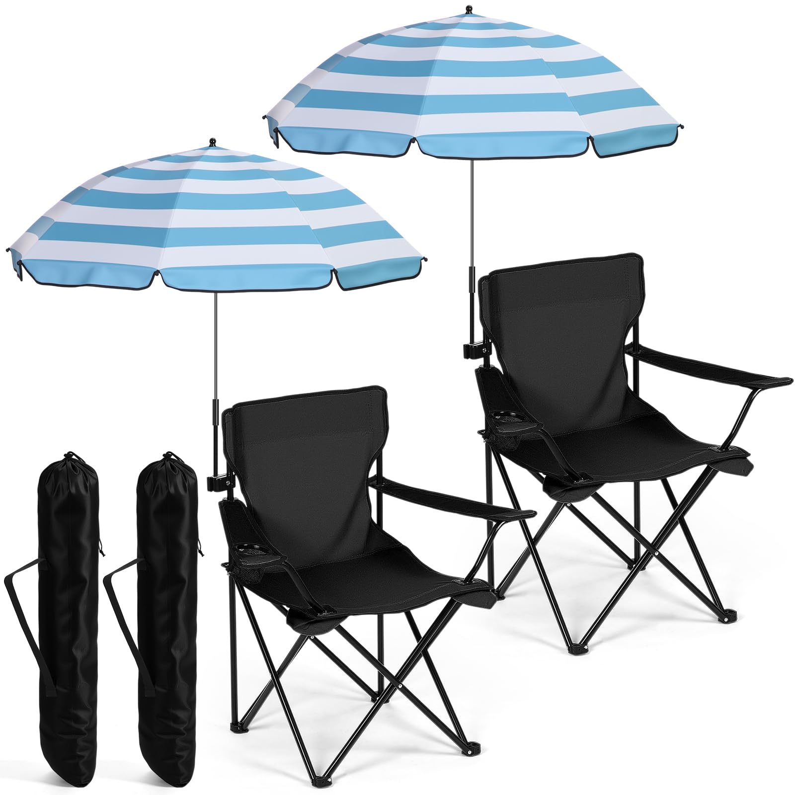 View 1 of *** ONE CHAIR HAS A BENT ARM*** Yuntau 2 Sets Beach Chair with Umbrella Foldable Camping Chair Fold up Umbrella with Universal Clamp Large Portable for Outdoors Fishing Camping Hiking Travel Picnic Beach (Black,Blue,White)