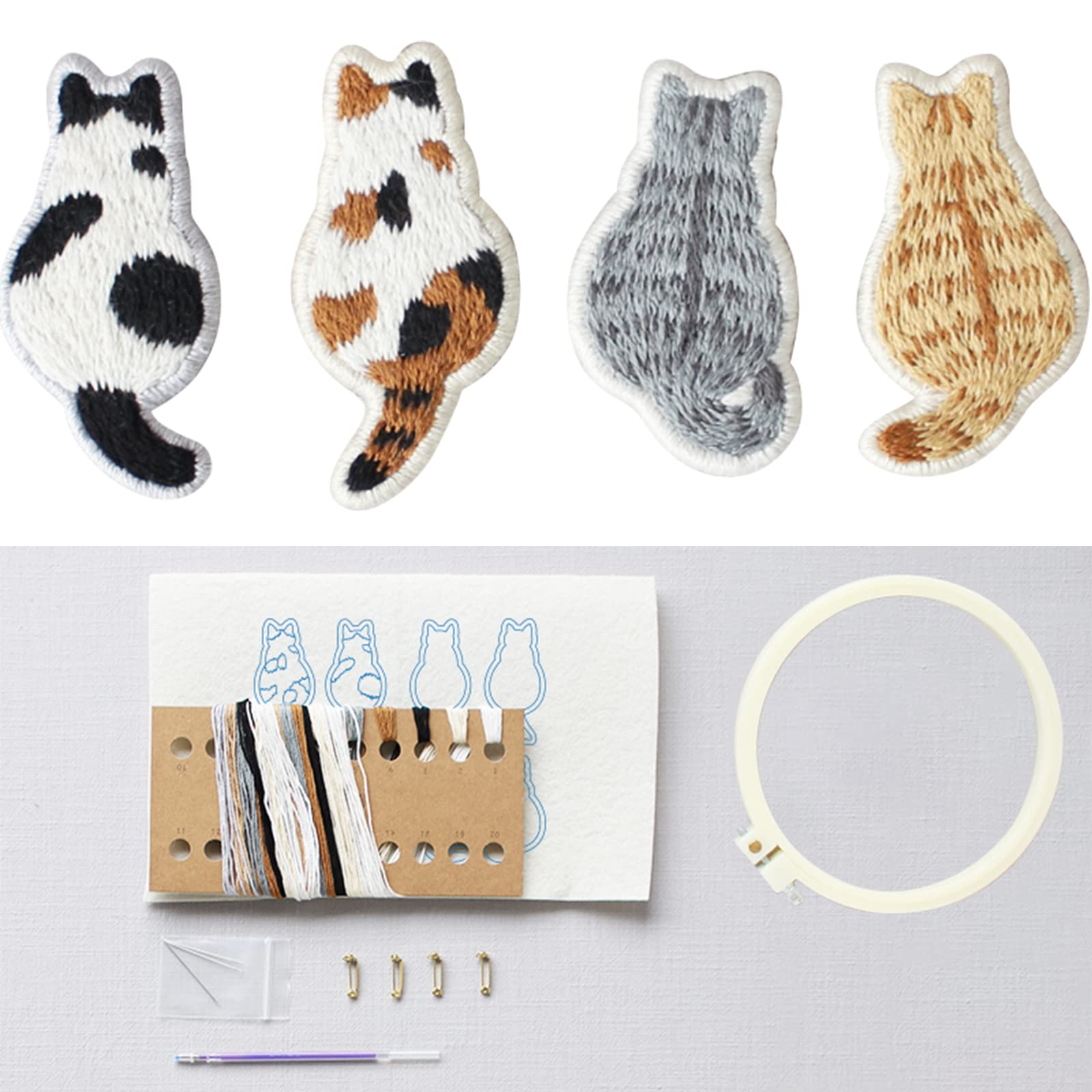 Smart-Feather 4pcs Cat Brooches Embroidery Kit, Hand Embroidery Kit for Beginners, Embroidery Kits for Adults, Embroidery Starter Kit with Embroidery Patterns, Embroidery Hoop (EM12134)