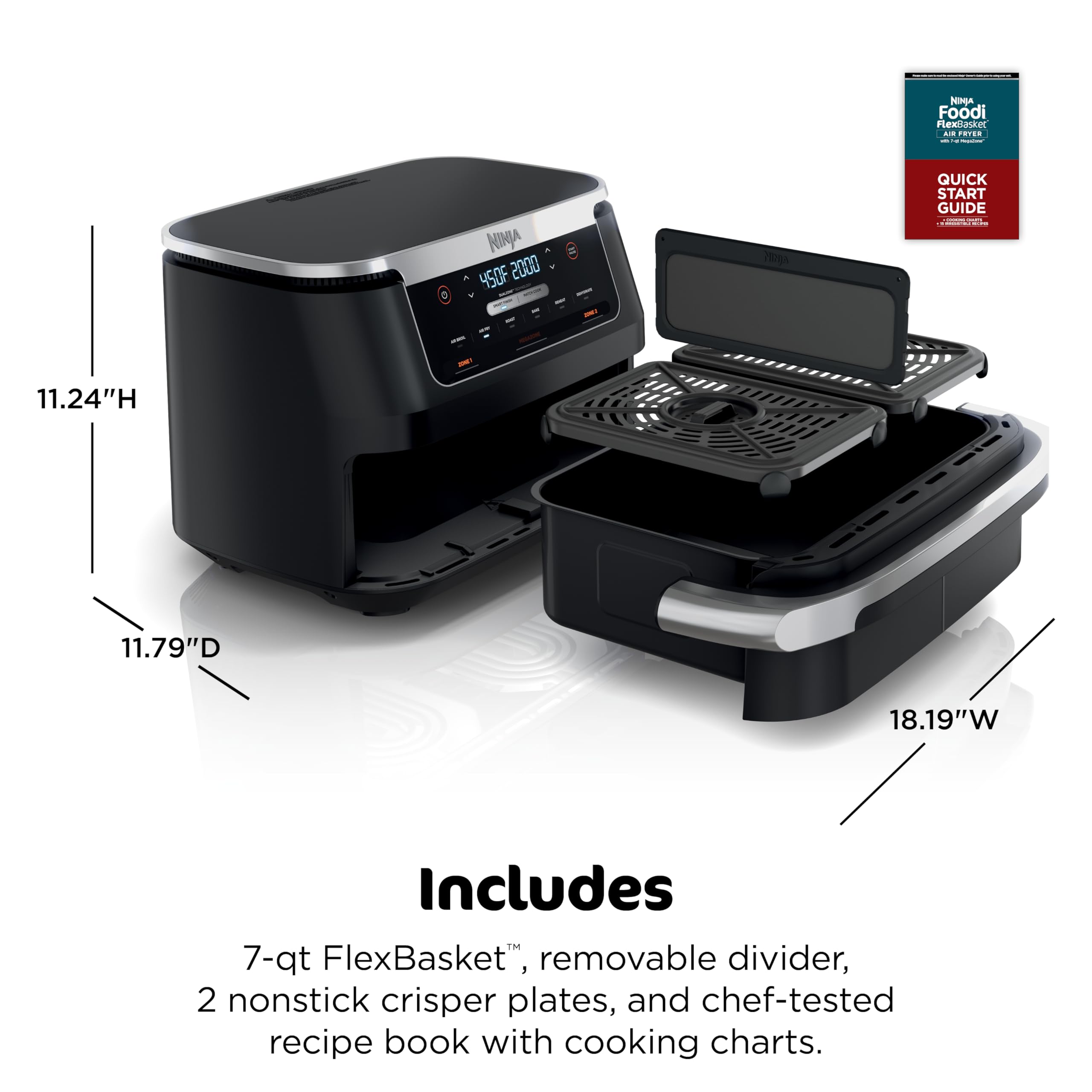 Ninja Foodi 6-in-1 FlexBasket Air Fryer with 7-QT MegaZone & Basket Divider for Large Proteins & Full Meals, Smart Finish Cook 2 Foods 2 Ways, Family Sized Capacity, Air Fry, Roast & More, Black DZ071