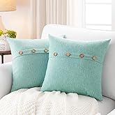 Meekio Set of 2 Aqua Green Pillow Covers 18 x 18 Linen Pillow Covers with Coconut Buttons Farmhouse Décor Housewarming Gifts