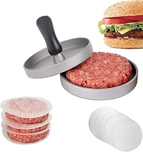 AL Burger Press Aluminum Non-Stick Hamburger Patty Maker with 150 Free Patty Papers for BBQ Grill, Burger, Bacon, Grill Press, Durable & Heavy Duty, Dishwasher Safe
