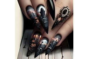 LOPMNGHT 24Pcs Halloween Nails Medium Almond Shaped French Dark Night Tombstone Candle Design with Rose Fake Nail Full Cover Coffin Press on Nails Artificial Acrylic for Women Halloween Festival Manicure