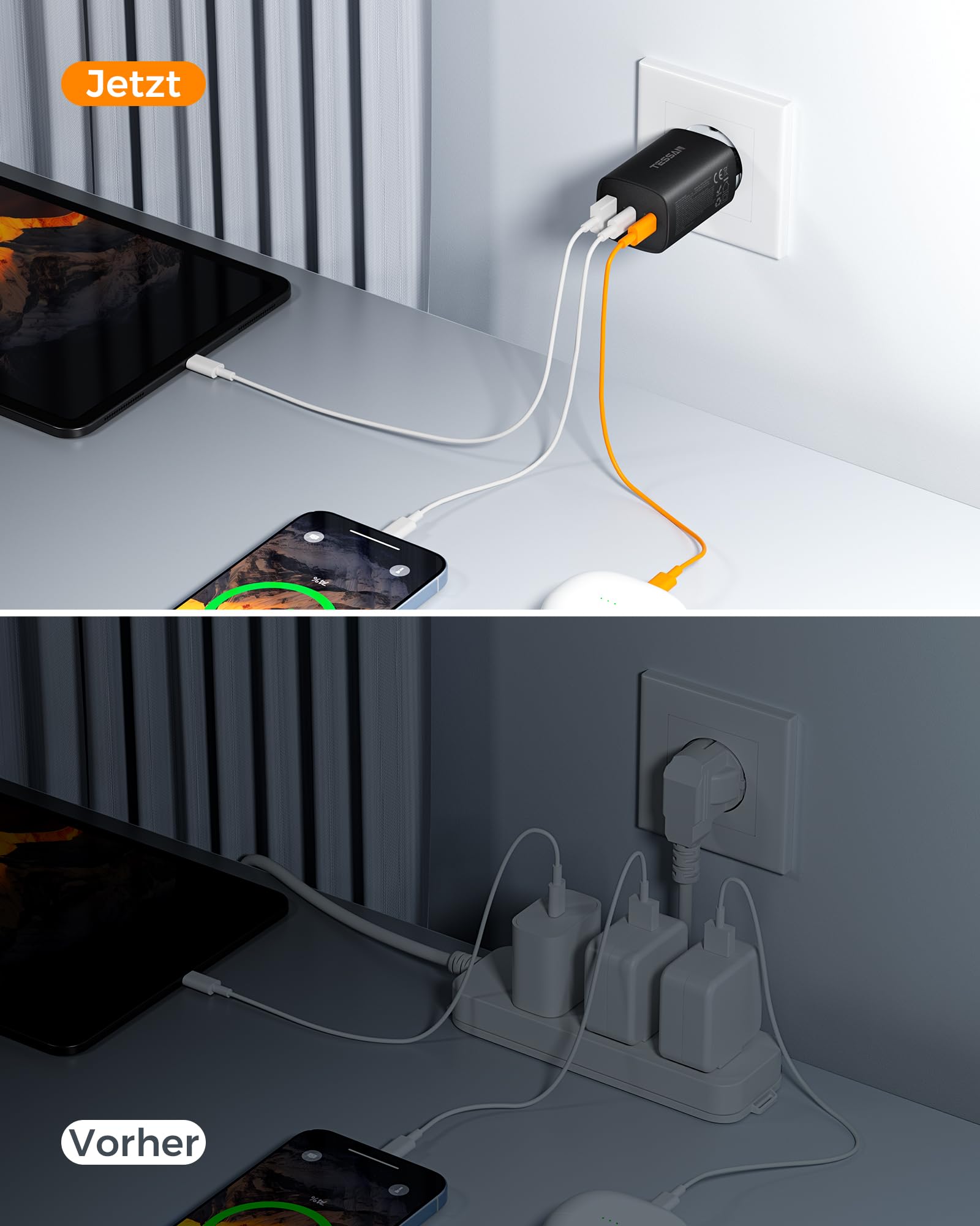 TESSAN PD 65W USB C Ladegerät, 3-Port Netzteil mit 2 USB-C und 1 USB-A 6