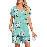 Aodemo Womens Summer Pajama Sets Ruffle Short Sleeves Sleepwear 2 Piece Pjs Lounge Short Pants with Pockets