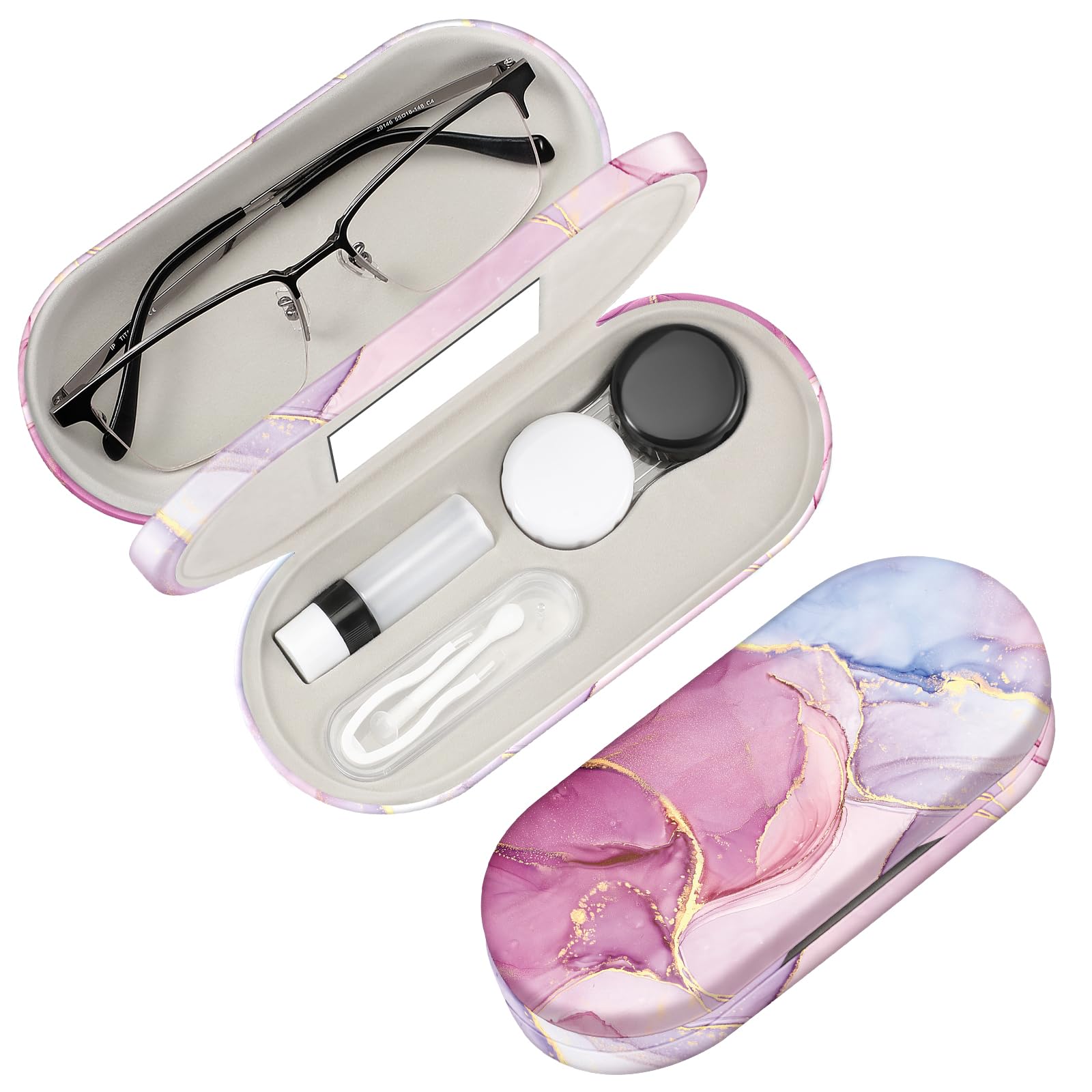 FINTIE 2 in 1 Glasses and Contact Lens Case, Double Sided Glasses Case Portable Travel Dual Spectacle Case with Built-in Mirror, Tweezer and Contact Lens Solution Bottle, Dreamy Marble