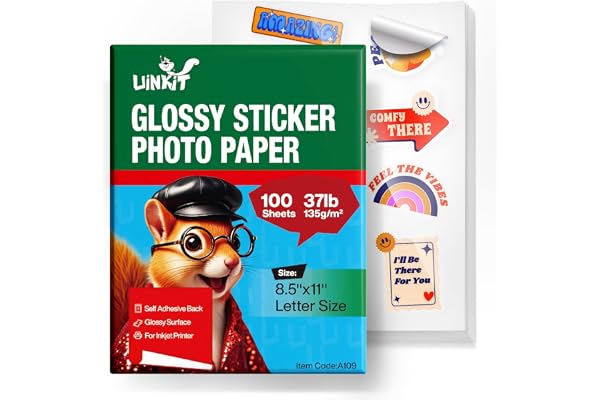 Uinkit 100 Sheets Printable Glossy Sticker Label Photo Paper Self Adhesive Sticky 8.5 x 11 6.5Mil for Dye Inkjet Printer A109