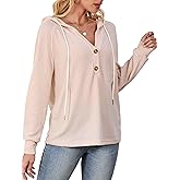 Redomo2025,Women's Waffle Knit Hoodie Pullover, Beige, Long Sleeve Button Front, Drawstring Neck, Casual Sweater,REW2407045B
