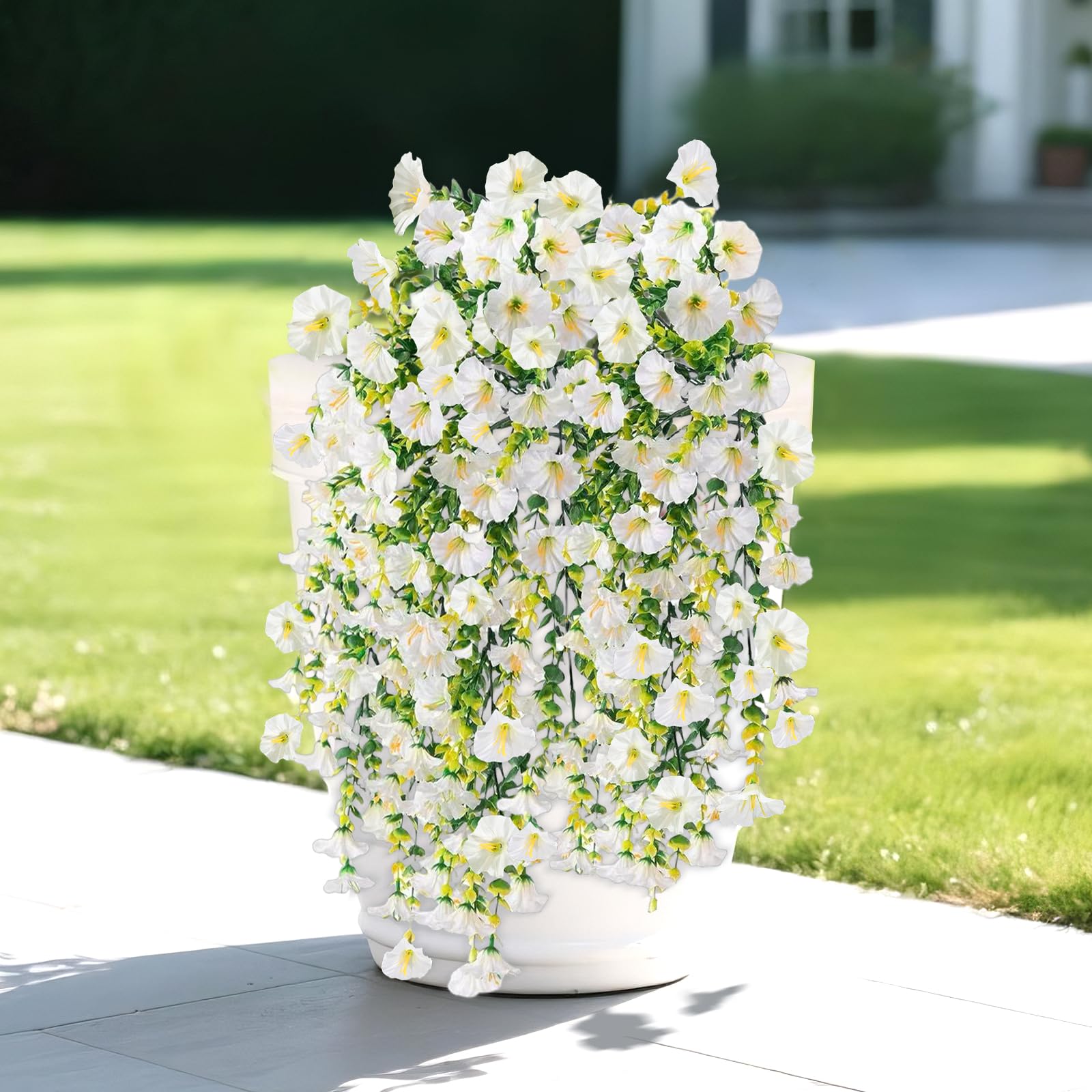 Photo 1 of Artificial Flowers for Outdoors Decoration, 4Pcs Fake Hanging Flowers Morning Glory UV & Fading Resistant, Artificial Faux Plants Deocr for Home Porch Patio Balcony Planter Yard Garden Farmhouse