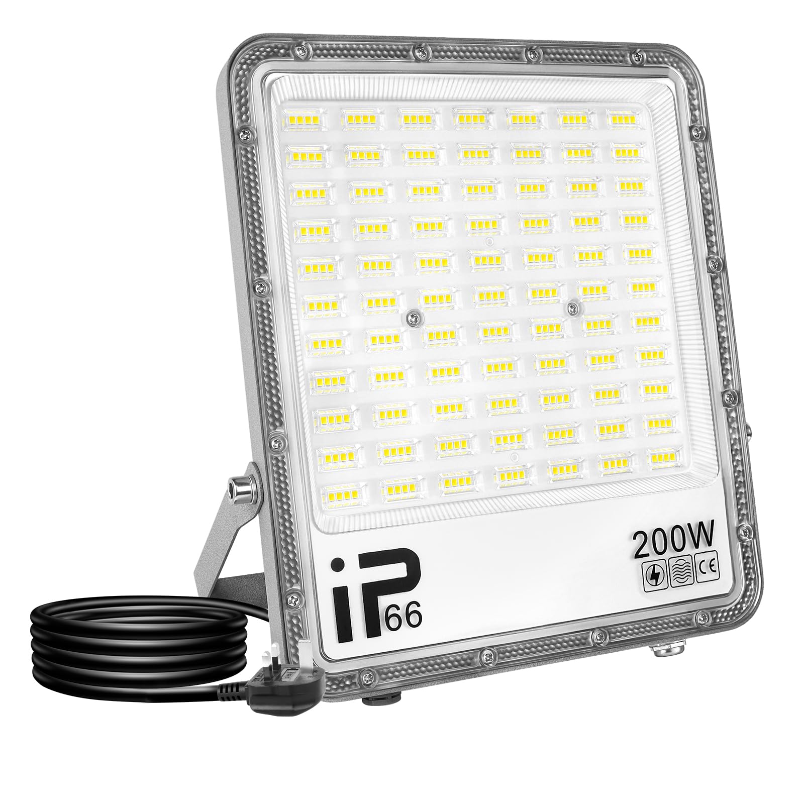 RIGIDON 1 Pcs Outdoor Flood LED Work Light, 200W 20000 LM Floodlight, Cold White Security Lights for Garage Garden Yard Lawn Workshop Court Patio, IP66 Waterproof 6000K, 1.5 M Wire with UK Plug