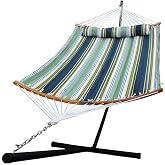 GardenLux Hammock with 12.8 Feet Stand &amp; Curved Bamboo Spreader Bar Double Hammocks 2 Person Heavy Duty Max 450lbs Capacity, Navy Blue&amp;Aqua