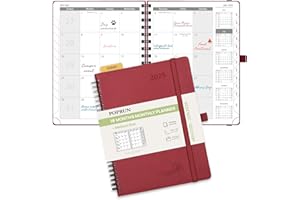 POPRUN Monthly Planner 2025-2026 Medium Size (6.5'' x 8.5'') 18 Months Calendar (Jan 2025 - Jun 2026) - 4 Pages per Month with Monthly Expense & Notes, Vegan Leather Cover - Burgundy Red
