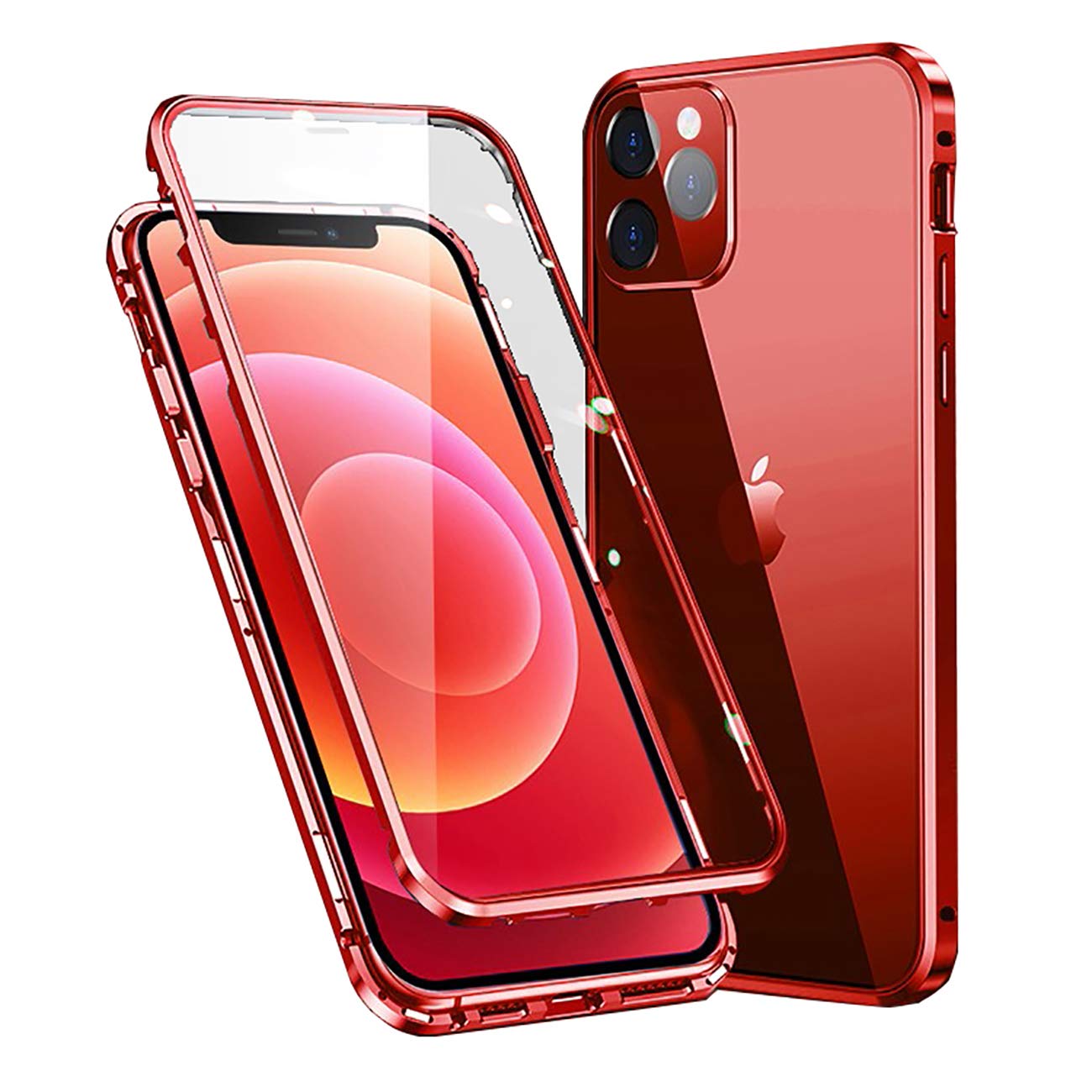 MOSSTAR Case for Apple iPhone 12, Magnetic Adsorption Metal Bumper with Front and Back Transparent Tempered Glass Flip Cover 360 Degree Full Body Protective Case for iPhone 12 6.1", Clear Red
