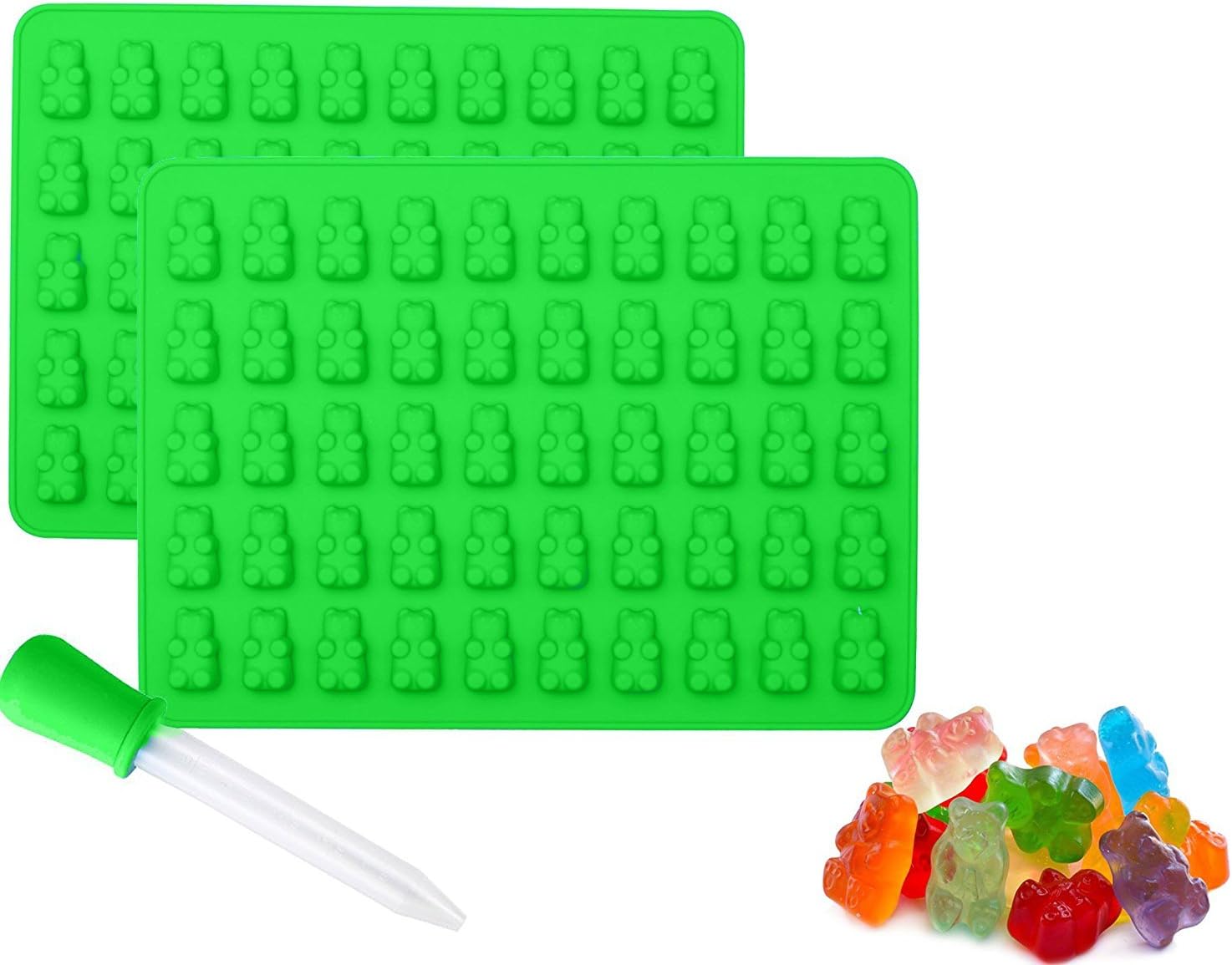 Ice Cube Trays, Alaman 2 x 50 Cavity Silicone Bears Molds With a Bonus Easy Fill Dropper, Perfect for Making Candy, Chocolate, Jelly, Ice Cube Tray, Soap and More. (Green)