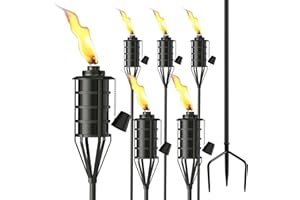 FALBAWR Upgraded Citronella Garden Torch Set of 6, Large Capacity 16oz Metal Torch for Outside, 59.5 Inch Black Home Torches with 3-Prong Grounded Stake,Metal Flame Torch Light for Party Patio Pathway