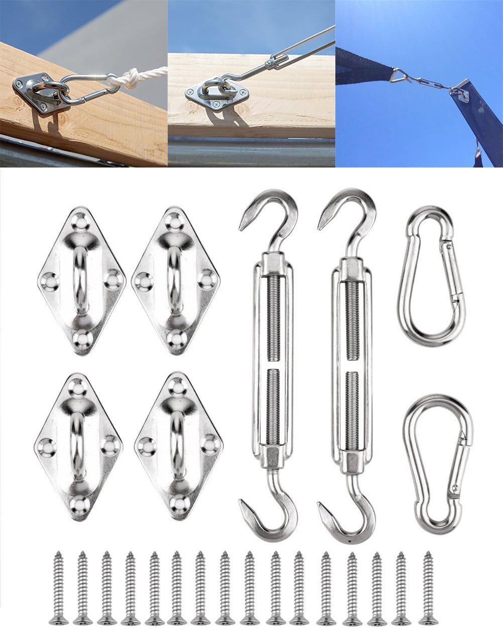RUNADI InnoBase Kit Fixation Voile D'ombrage Set Montage en Acier Inoxydable Heavy Duty Soleil Voile D'ombrage Triangle Carré, Rectangle, du Soleil Voile d'ombrage Accessoires de Fixation 8mm (24pcs)