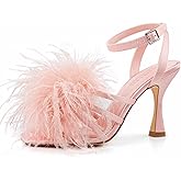 BCTEX COLL Women's Heeled Sandals Fluffy Feather Square Open Toe Ankle Strap Sexy Stiletto High Heels for Wedding Party Dance Evening