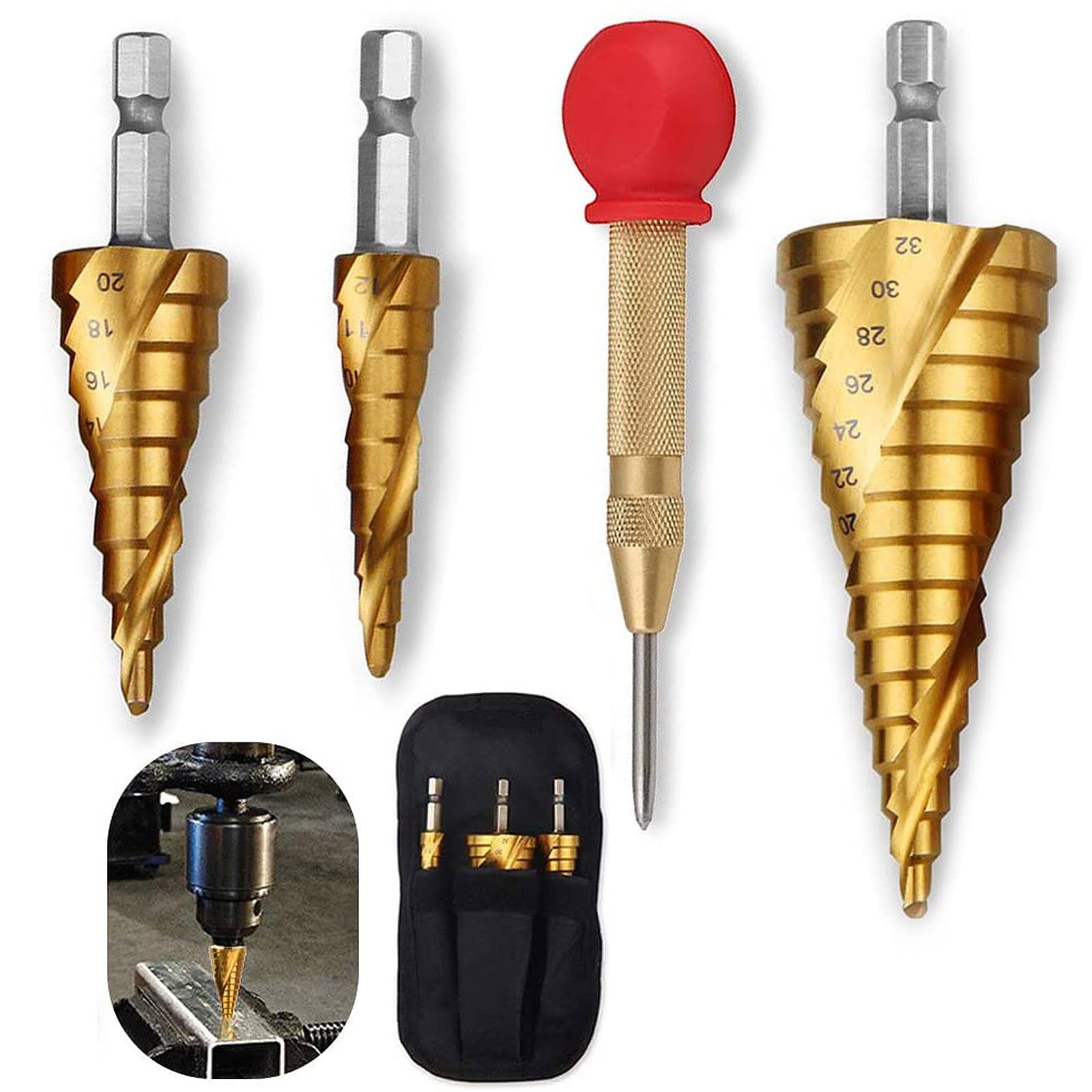 Noosverl Hss Spiral Step Drill Bits for Metal - 4PCS Steel Drill Bits 4mm to 32mm, Hard Steel for DIY Plastic Wood Metal Aluminum Copper