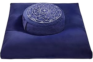 ELLIER Zafu & Zabuton Meditation Cushion Set - Buckwheat Hull & Memory Foam Pillows, Ergonomic Support for Yoga, Mindfulness - Organic Velvet Cover, Large Size, Durable Comfort (Dark Blue)