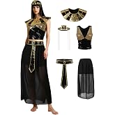 Women's Cleopatra Costume Set, Black &amp; Gold Egyptian Queen Outfit, S-2XL | 5-Piece Costume Set: Crop top, fan-shaped collar, snake headpiece with chain drape, elastic belt and sheer long skirt.