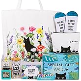 TAOVEEK Cat Lovers Gifts for Women, Cat Mom Themed Gift Thinking of You Gifts for Her Birthday Christmas with Glass Cup, Soy Wax Candle, Canvas Tote and Makeup Bag, Ready Gift for Cats Lady Box