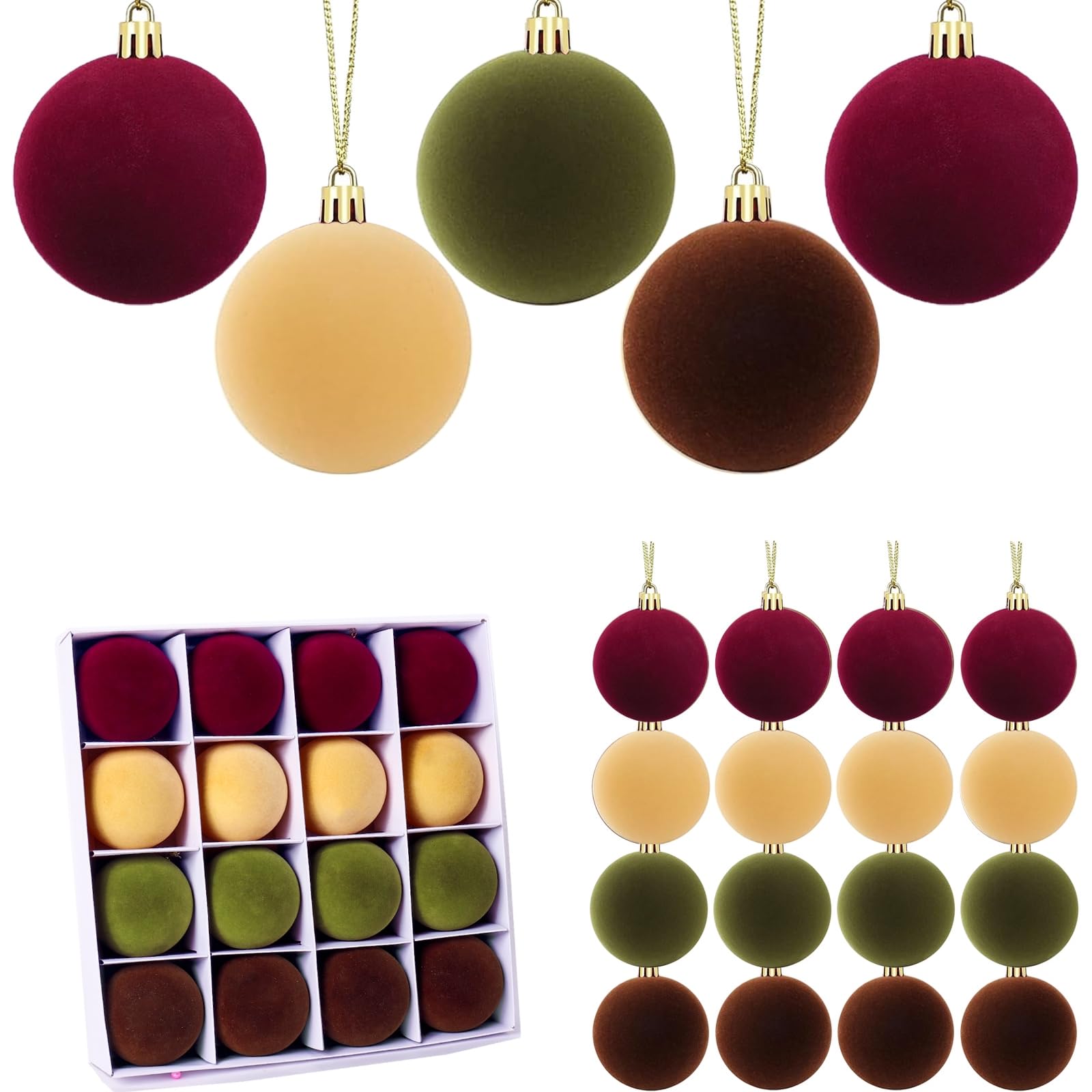 View 1 of 16 Pcs Red Velvet Christmas Balls, 3.15 Inch Velvet Ornaments for Christmas Tree, Flocked Ornaments Balls for Wreath Garland - Burgundy, Brown, Green, Khaki