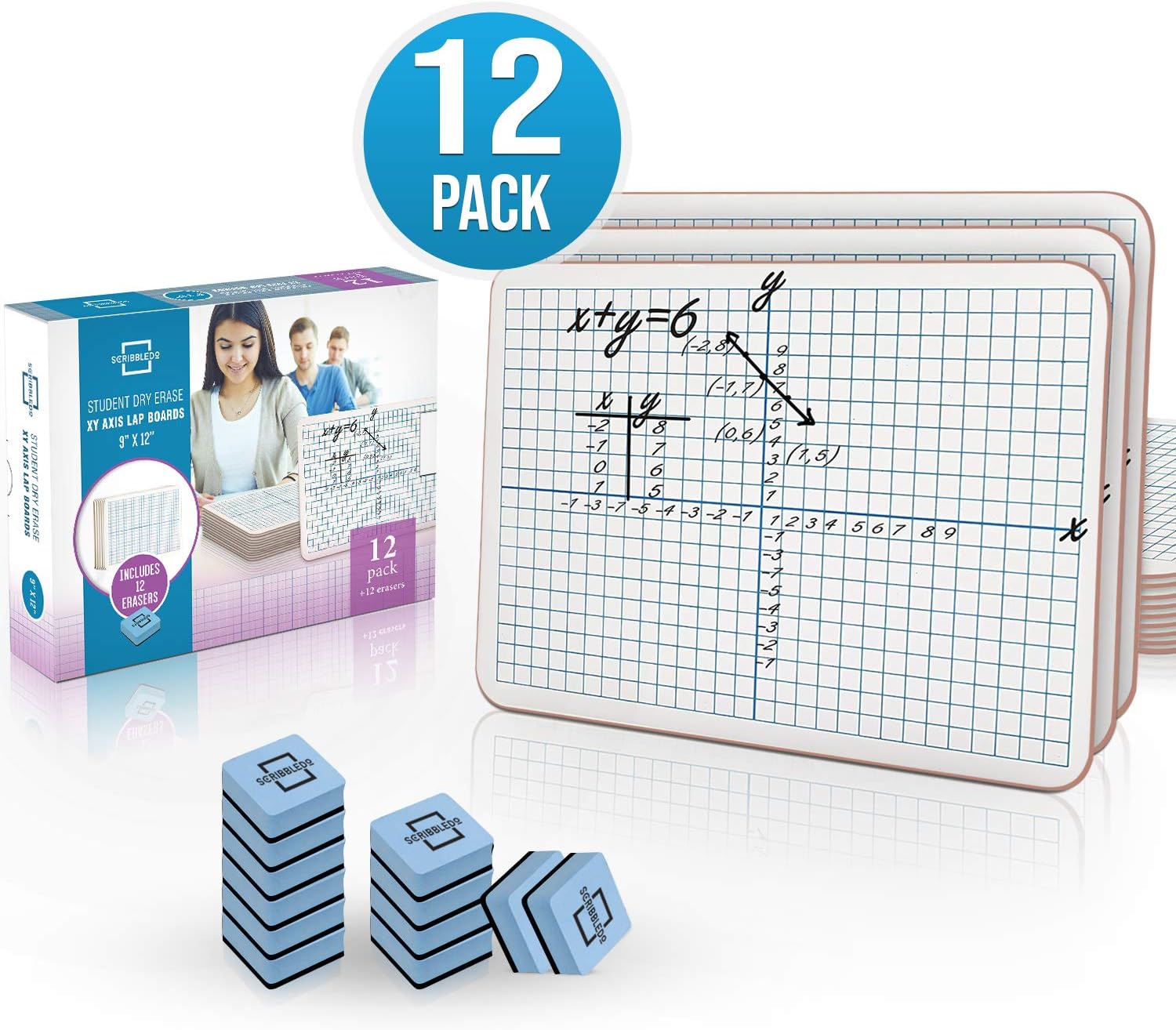 Dry Erase XY Axis Graph Lap Boards 9”X12” for Student and Classroom Use, Math whiteboards (Double Sided White Boards) Erasers Included (12 Pack Graph) : Office Products