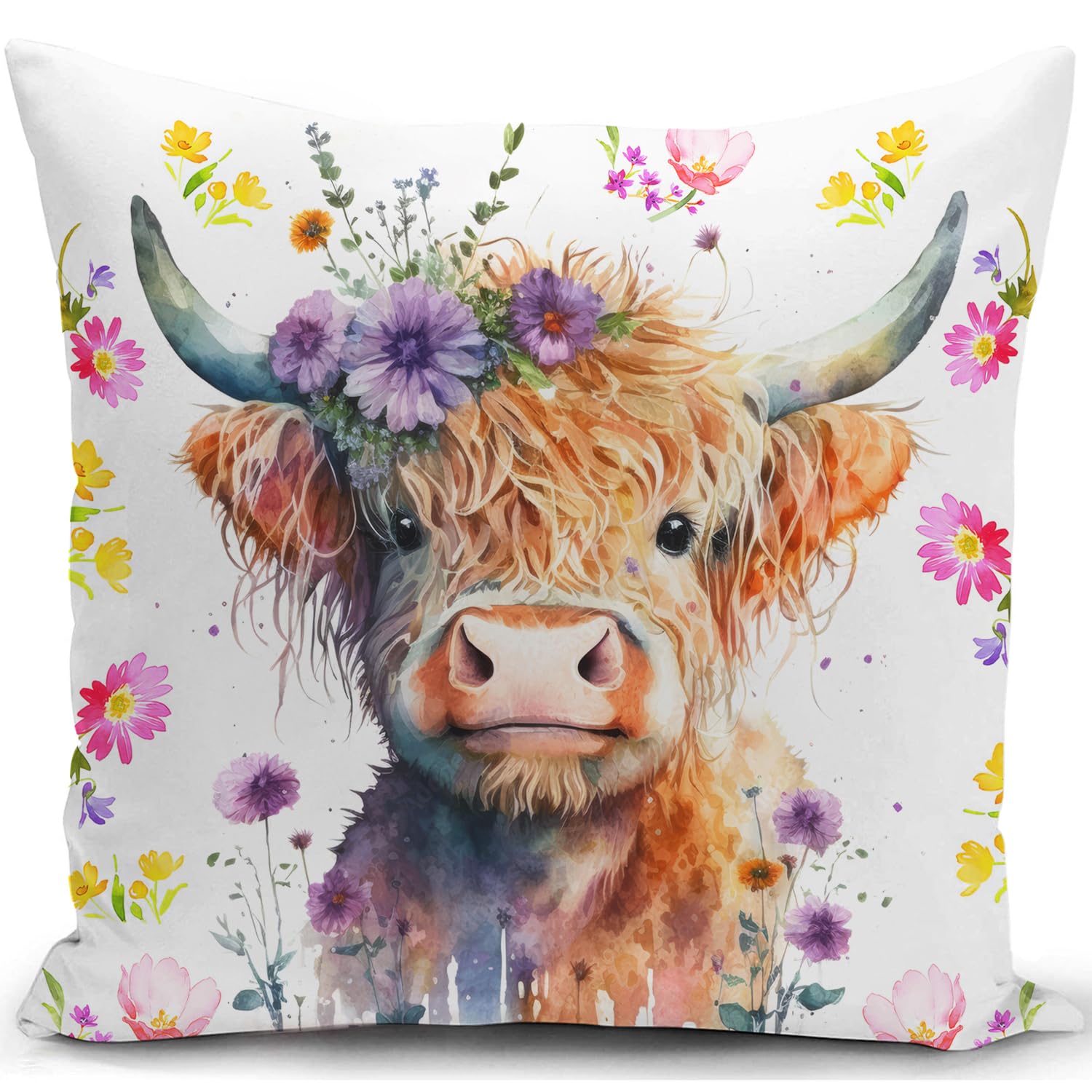 KUNQIAN Cushion Cover Highland Cow Decorations Scottish Gift for Women Pillow Cover Animal Outdoor Flower Throw Pillow Case Decor Home Livingroom Couch Sofa 18"x18"(45x45cm)