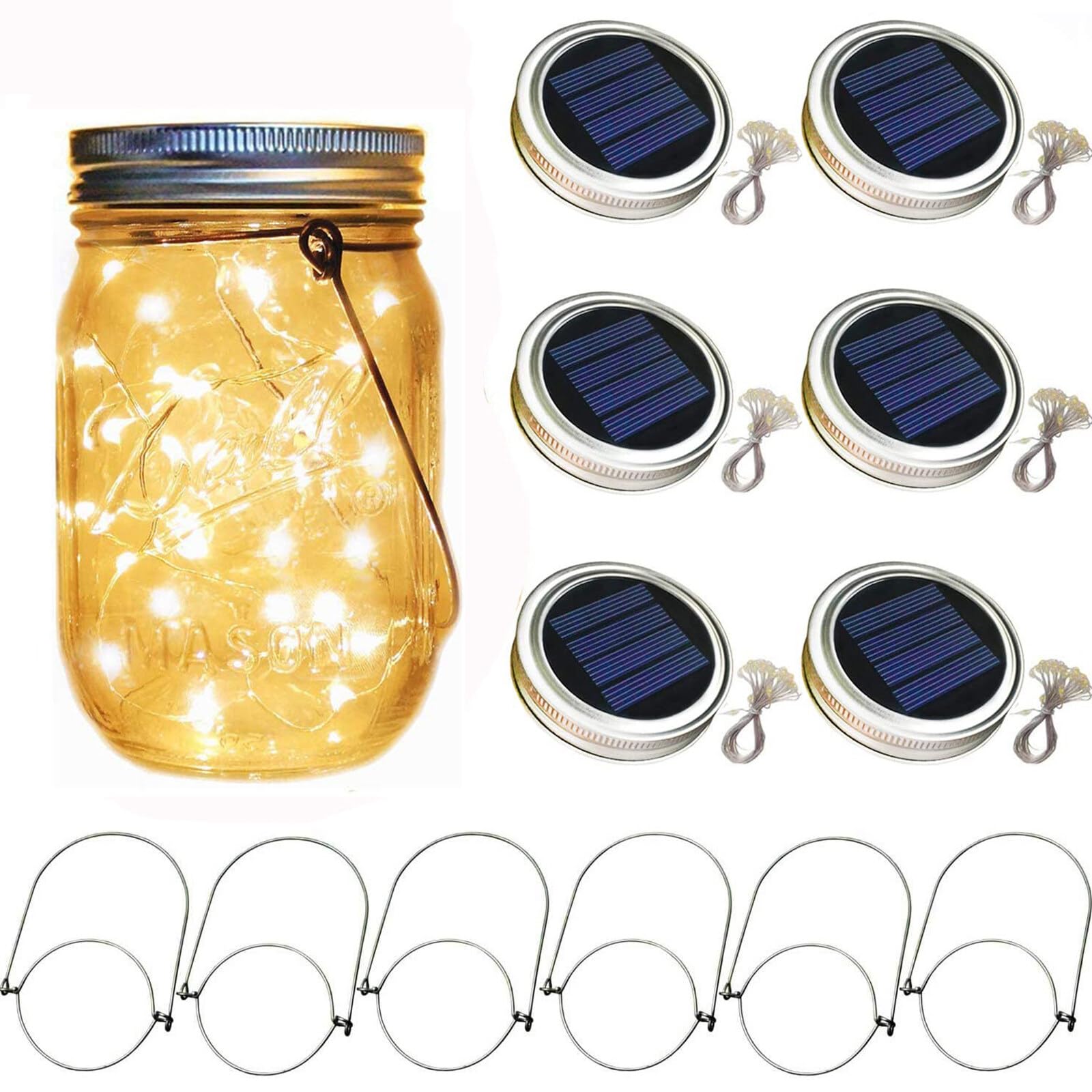 6 Pack Mason Jar Solar Lights 30 LED Outdoor Solar Firefly Lights Mason Jar Lantern Lid with Hangers Fairy String Lids Lights for Patio Garden Yard Tree