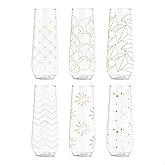 TOSSWARE POP 9oz Flute Festive Cheers Series, SET OF 6, Premium Quality, Recyclable, Unbreakable & Crystal Clear Plastic Printed Champagne Glasses