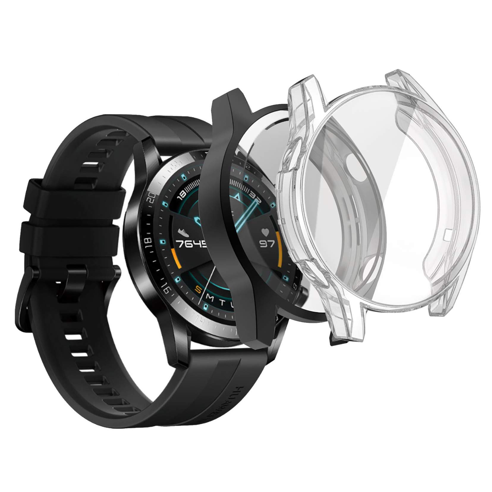 sciuU Protective Case compatible with HUAWEI GT 2 (46mm, Released in 2019)，[2 Pack]All-around Flexible TPU Case with Screen Protector, Soft Frame Shock Resistant Cover fit HUAWEI GT 2 - Black+Clear