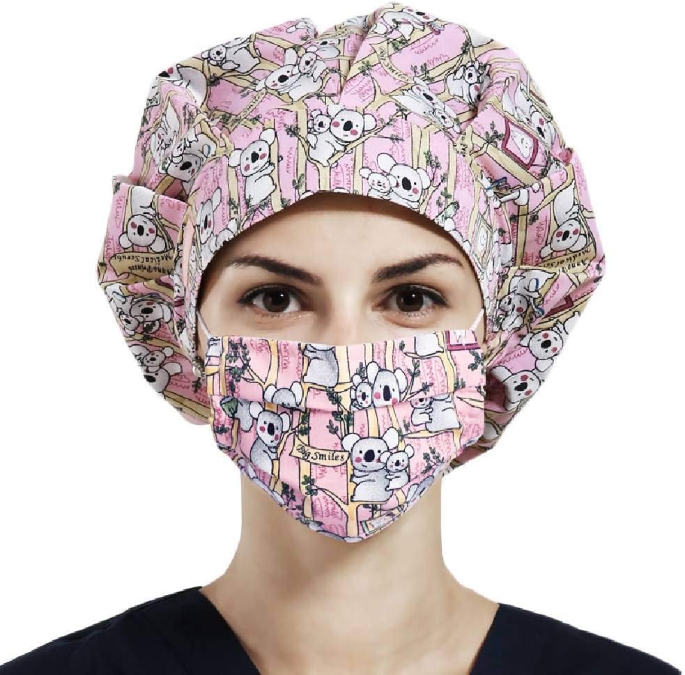 Mwfus Surgical Scrub Cap and Reusable Mask Set with Sweatband, Nurse Doctor Bouffant Hat for Men Women