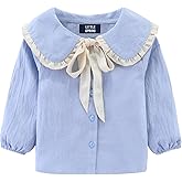LittleSpring Girls Button Down Shirt with Peter Pan Collar Tie Bow Blouse