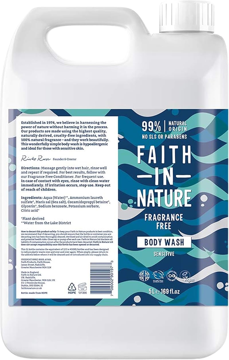 Faith In Nature Fragrance Free Body Wash 5L Refill Vegan Cruelty Free