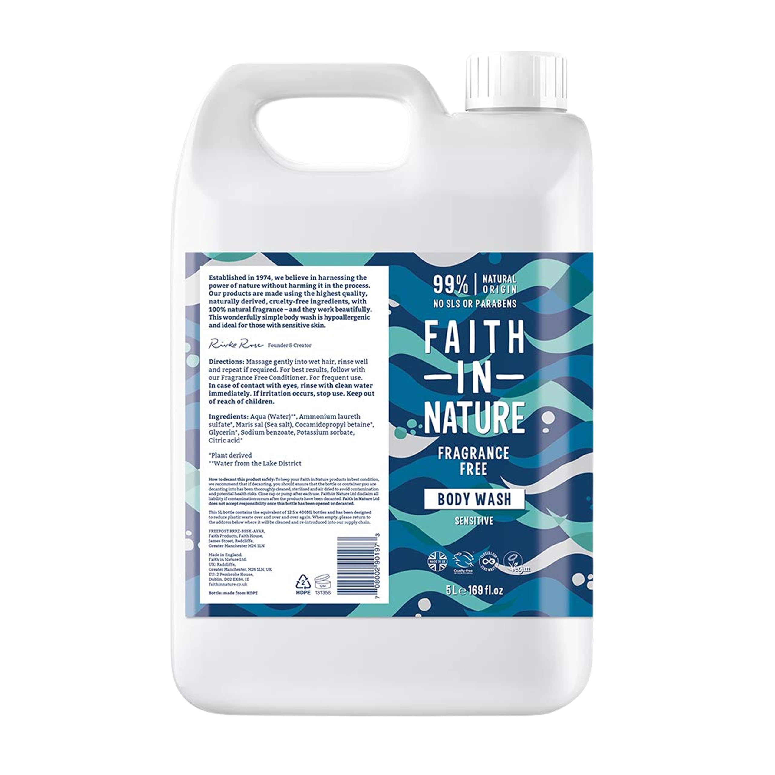 Faith In Nature Natural Fragrance Free Body Wash, Sensitive, Vegan & Cruelty Free, No SLS or Parabens, 5L Refill Pack