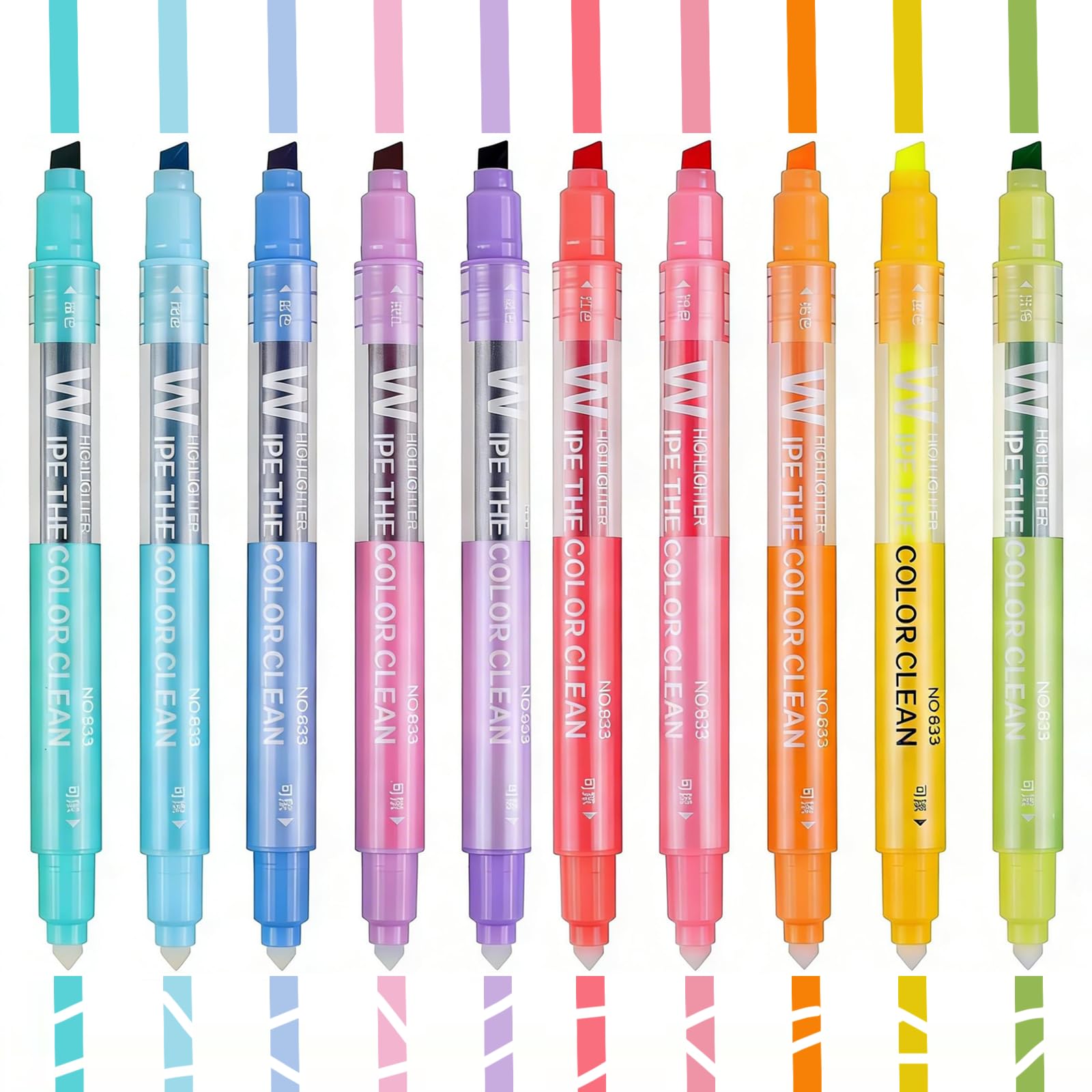 YOOUSOO Erasable Highlighters, Chisel Tip Marker Pens Assorted Colors, Double-end Pastel Highlighter Pens Fluorescent Color Pen, Pack of 10