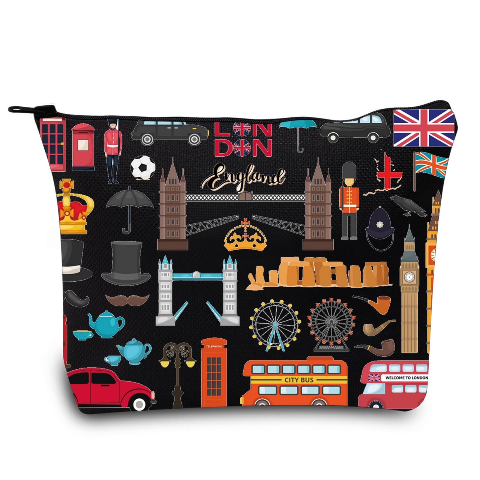 LEVLO London Travel Gift British Theme Cosmetic Bag England Souvenir Gift United Kingdom Make Up Zipper Pouch Bag, London Black, Cosmetic Bag