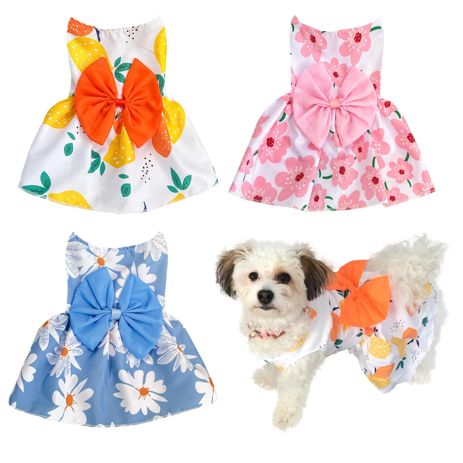 3 Pieces Dog Dresses Puppy Bowknot Luxury Princess Dress Floral Clothes Wedding Evening Dress Summer Outfits Tutu Skirt Cute Doggie Dress for Small Dog Girl Blue Pink White XS