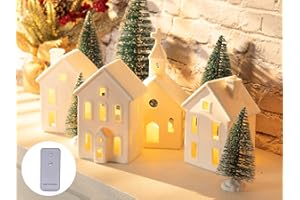 BUTITNOW 9 Pcs Christmas Village Figurines Sets - 4 Lighted Ceramic Houses with Remote Control & 5 Trees - Christmas Decorations Indoor - White Xmas Holiday Farmhouse Rustic Decor for Home Table Room