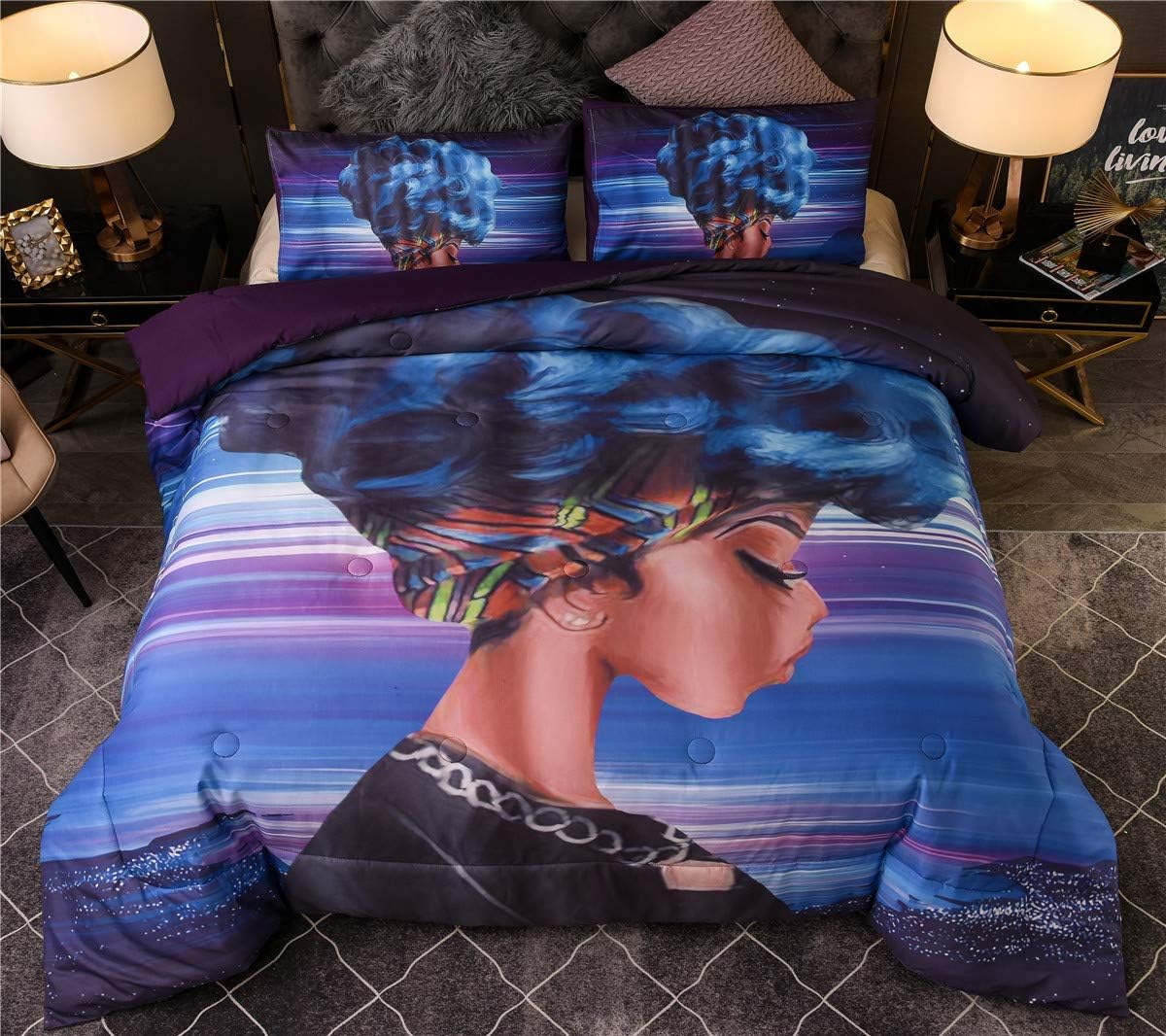 Amazon Com Ntbed African American Cool Girl Comforter Set Full Queen Purple Exotic Style Black Woman Microfiber Bedding Quilted Sets For Ladies Girls Kitchen Dining