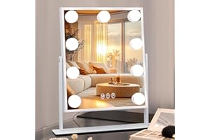 M MISAVANITY Misavanity Vanity Mirror with Lights 9 LED Bulbs 9.84" x11.81" Makeup Mirror with Lights 360 Rotation Dimmable 3 Color Lighting Modes Detachable 10x Magnification Mirror for Tabletop Bedroom, White