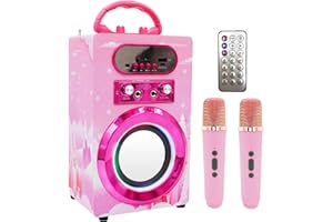 Kidsonor Kids Bluetooth Karaoke Machine with 2 Microphones, Wireless Rechargeable Remote Control Portable Karaoke Speaker Music MP3 Player Loudspeaker with Microphones for Kids (Pink)