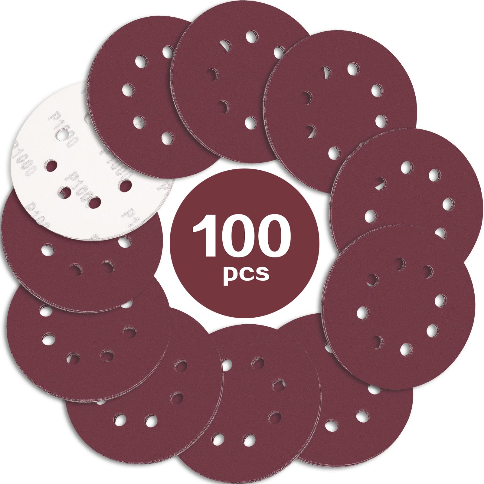 STEBRUAM 100PCS 125mm Sanding Discs 1000 Grit, 5 Inch 8 Hole Hook and Loop Sanding Pads for Random Orbital Sander — image 1