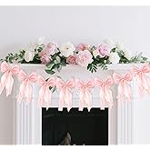 Pink Bow Garland Banner, Pre-Strung Satin Ribbon Bow Themed Party Decorations, Baby Shower Decor, Girl Birthday Banner, Photo Booth Background for Bridal Shower Bachelorette Parties (Pink)