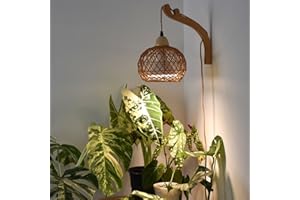 Bstrip Hanging Grow Lights for Indoor Plants, 18W Full Spectrum, Boho Rattan Lantern Shade, 3800K Wall-Mounted Decorative Plant Light with 9.8FT Power Cord, Ideal for Tall Plants, Flowers